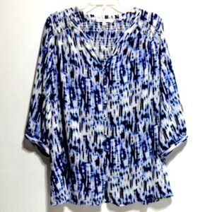 Rose + Olive Multicolor Abstract Print V-Neck 3/4 Sleeves Top – Size: 1X